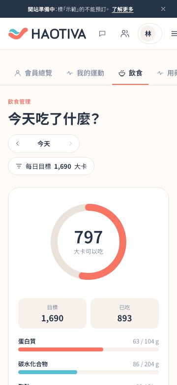 手機版飲食管理：標題「今天吃了什麼？」下方是熱量圓環，中間顯示還剩多少大卡可以吃，再往下是目標與已吃的熱量，以及蛋白質、碳水化合物的進度。